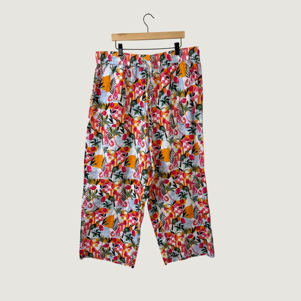 C&C California 100% Linen Tropical Lobster Cropped Pants XL Coastal Vacation
